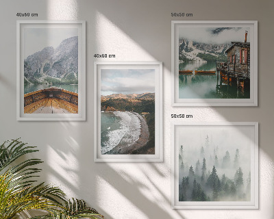 Composizione di 4 quadri Montagne, lago, barca, nebbia, spiaggia