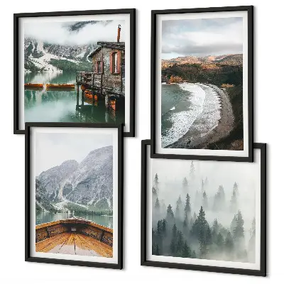 Composizione di 4 quadri con paesaggio di montagne, lago, barca, nebbia e spiaggia