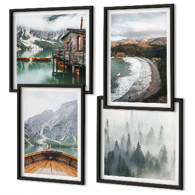 Composizione di 4 quadri Montagne, lago, barca, nebbia, spiaggia