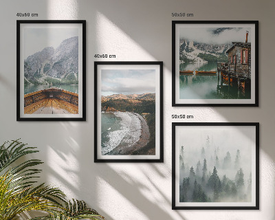 Composizione di 4 quadri Montagne, lago, barca, nebbia, spiaggia