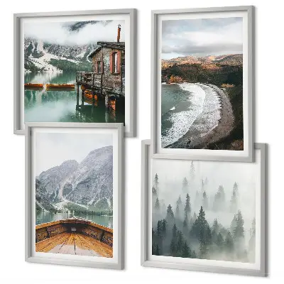 Composizione di 4 quadri con paesaggio di montagne, lago, barca, nebbia e spiaggia