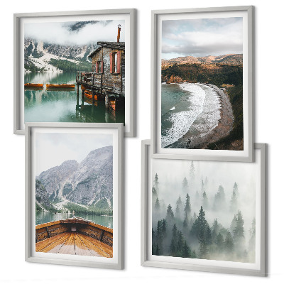 Composizione di 4 quadri Montagne, lago, barca, nebbia, spiaggia