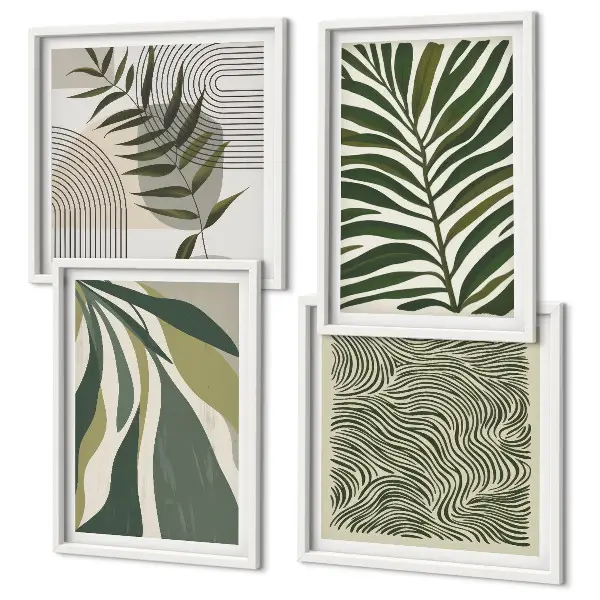 Galleria a parete con illustrazioni pastello di foglie e onde