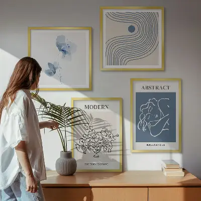 Poster con disegni astratti di linee di fiori in polittico con cornice