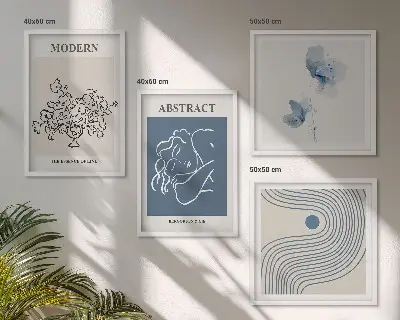 Poster con disegni astratti di linee di fiori in polittico con cornice