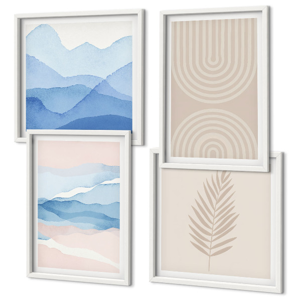 Composizione di 4 quadri Foglie onde beige blu
