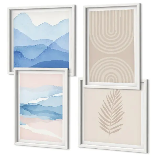 Composizione di 4 quadri motivo foglie con onde nei toni del beige e blu