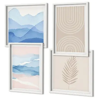 Composizione di 4 quadri motivo foglie con onde nei toni del beige e blu