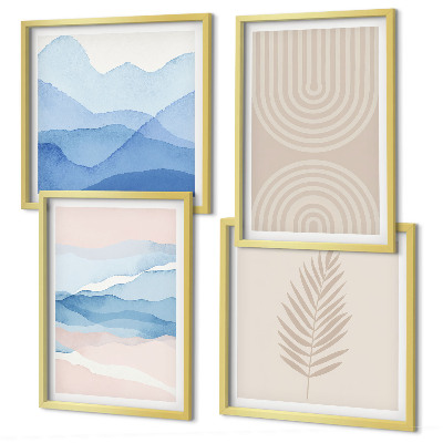 Composizione di 4 quadri Foglie onde beige blu