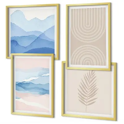 Composizione di 4 quadri motivo foglie con onde nei toni del beige e blu