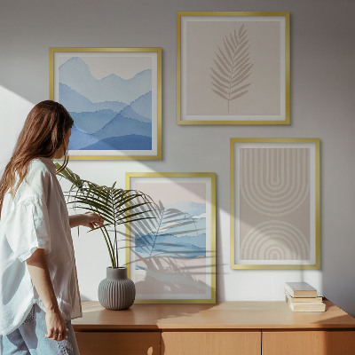 Composizione di 4 quadri Foglie onde beige blu