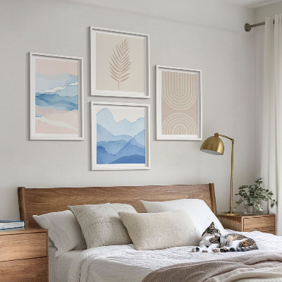 Composizione di 4 quadri Foglie onde beige blu