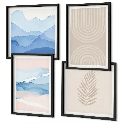Composizione di 4 quadri motivo foglie con onde nei toni del beige e blu