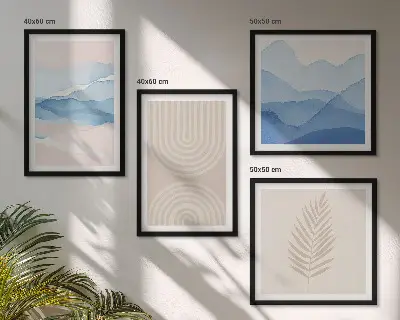 Composizione di 4 quadri motivo foglie con onde nei toni del beige e blu