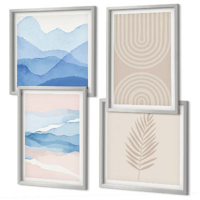 Composizione di 4 quadri Foglie onde beige blu