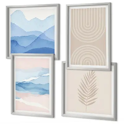 Composizione di 4 quadri motivo foglie con onde nei toni del beige e blu
