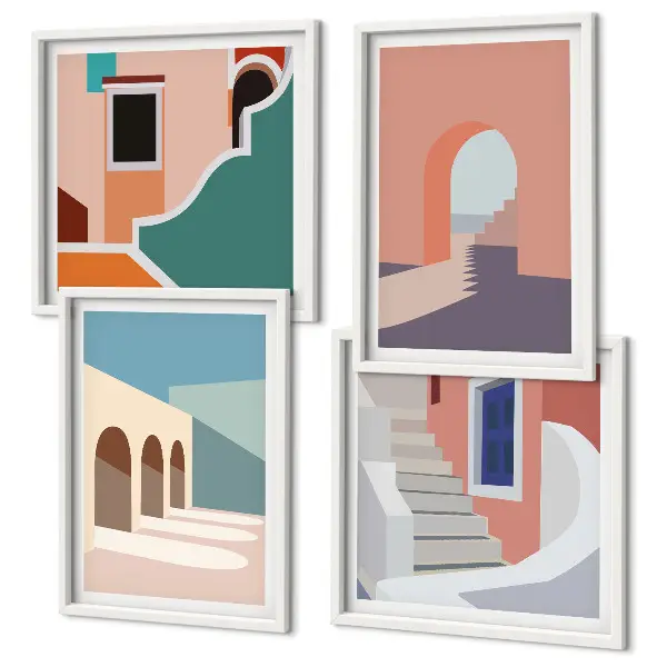 Galleria a parete con grafica minimalista dai colori pastello