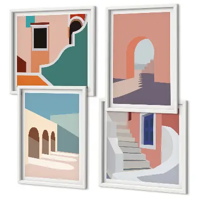 Galleria a parete con grafica minimalista dai colori pastello