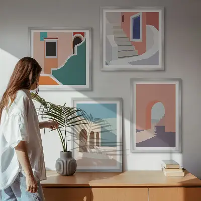 Galleria a parete con grafica minimalista dai colori pastello