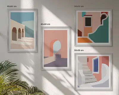 Galleria a parete con grafica minimalista dai colori pastello