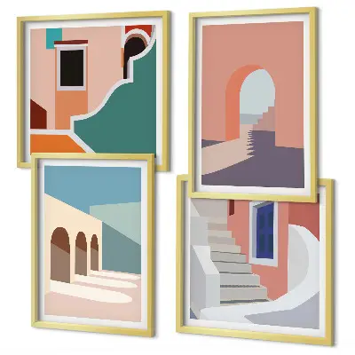 Galleria a parete con grafica minimalista dai colori pastello