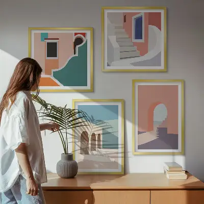 Galleria a parete con grafica minimalista dai colori pastello