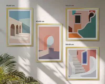 Galleria a parete con grafica minimalista dai colori pastello