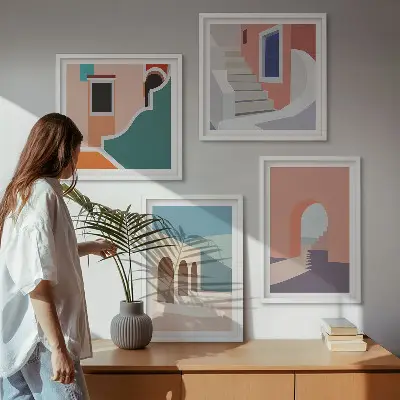 Galleria a parete con grafica minimalista dai colori pastello