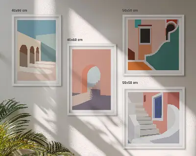 Galleria a parete con grafica minimalista dai colori pastello