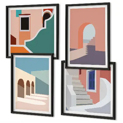Galleria a parete con grafica minimalista dai colori pastello