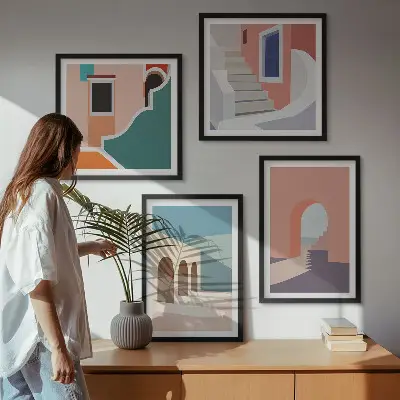 Galleria a parete con grafica minimalista dai colori pastello