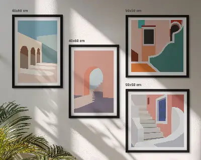 Galleria a parete con grafica minimalista dai colori pastello