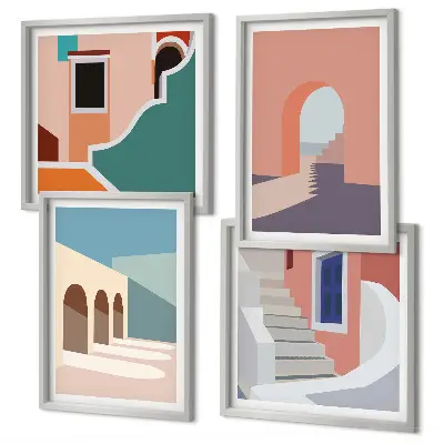 Galleria a parete con grafica minimalista dai colori pastello