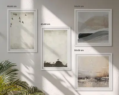 Composizione di 4 quadri decorazione con uccelli e pennellate di rocce