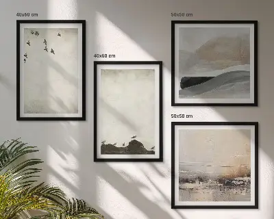 Composizione di 4 quadri decorazione con uccelli e pennellate di rocce