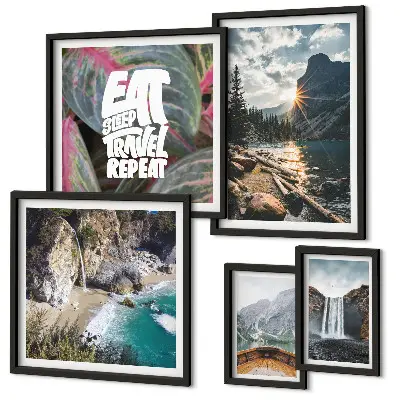 Set di 5 quadri raffiguranti paesaggi di cascate di montagna