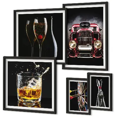 Set di quadri incorniciati con eleganti motivi retrò di auto e bevande