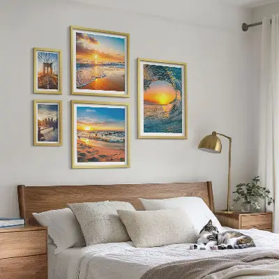 Set di 5 quadri con tramonti sul mare e ponti della città