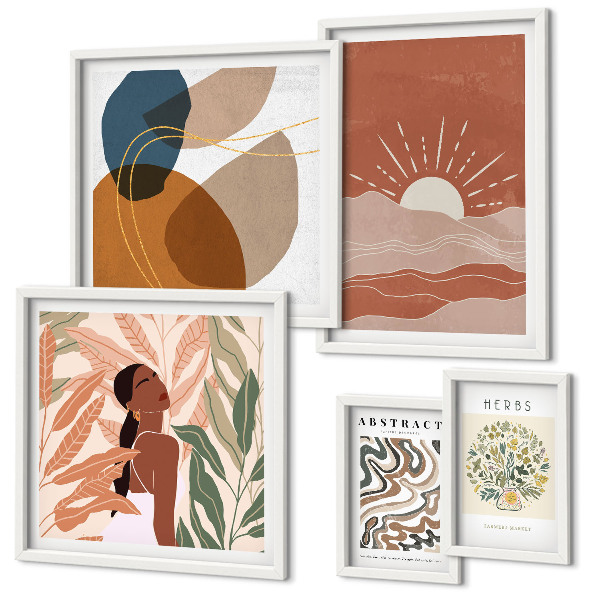 Set di 5 quadri Motivi astratti di piante in stile boho