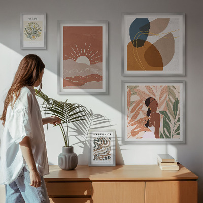 Set di 5 quadri Motivi astratti di piante in stile boho