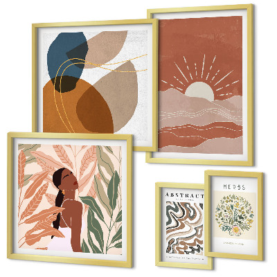 Set di 5 quadri Motivi astratti di piante in stile boho