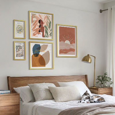 Set di 5 quadri Motivi astratti di piante in stile boho