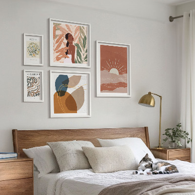 Set di 5 quadri Motivi astratti di piante in stile boho