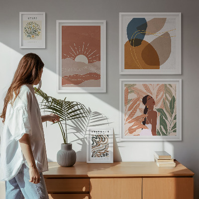 Set di 5 quadri Motivi astratti di piante in stile boho