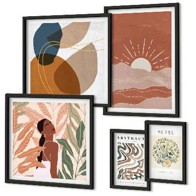 Set di 5 quadri Motivi astratti di piante in stile boho