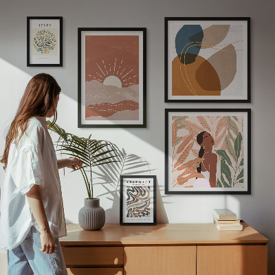 Set di 5 quadri Motivi astratti di piante in stile boho