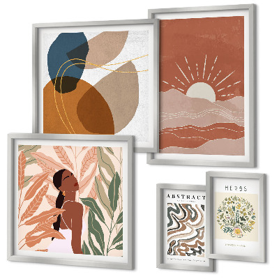 Set di 5 quadri Motivi astratti di piante in stile boho