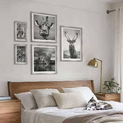 Polittico con cornice raffigurante animali in bianco e nero nella natura