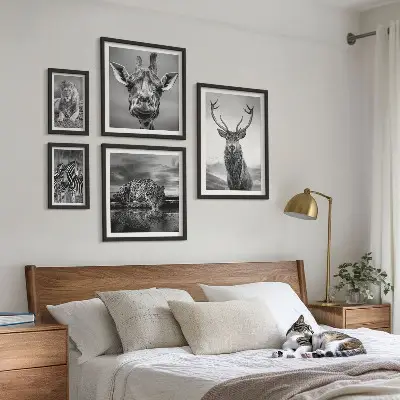 Polittico con cornice raffigurante animali in bianco e nero nella natura