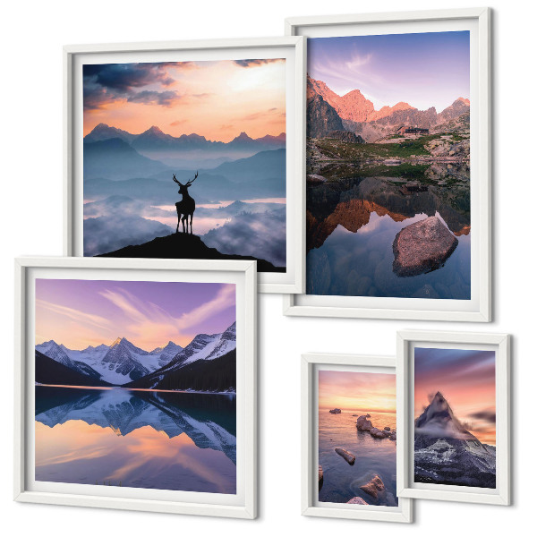 Set di quadri incorniciati Riflessi del tramonto sulle montagne